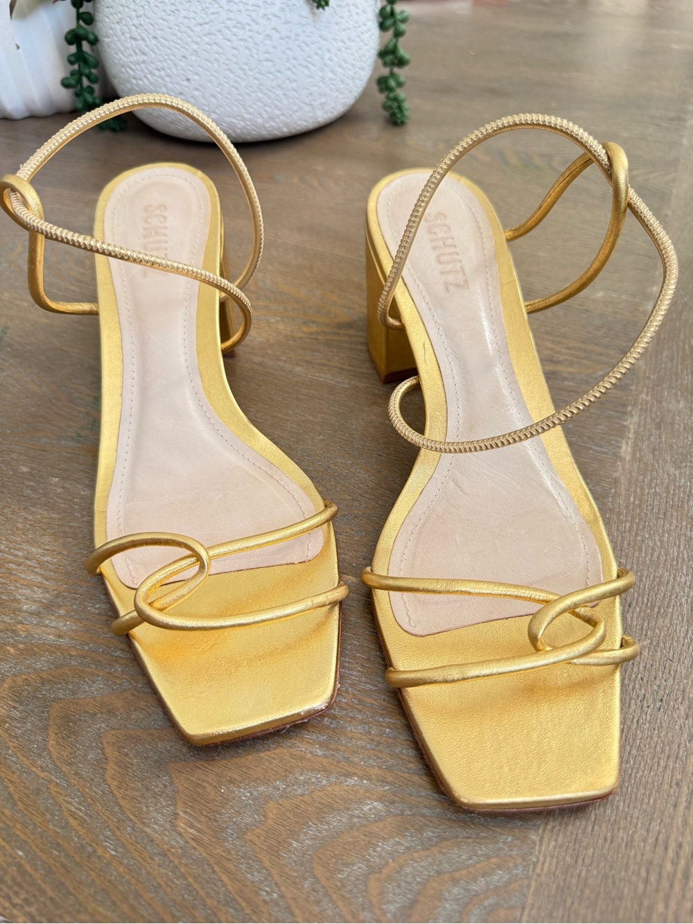 SCHUTZ Metallic Gold Square-Toe Strappy Block Heels !LIKE NEW! Size 9.5 -8.5wear